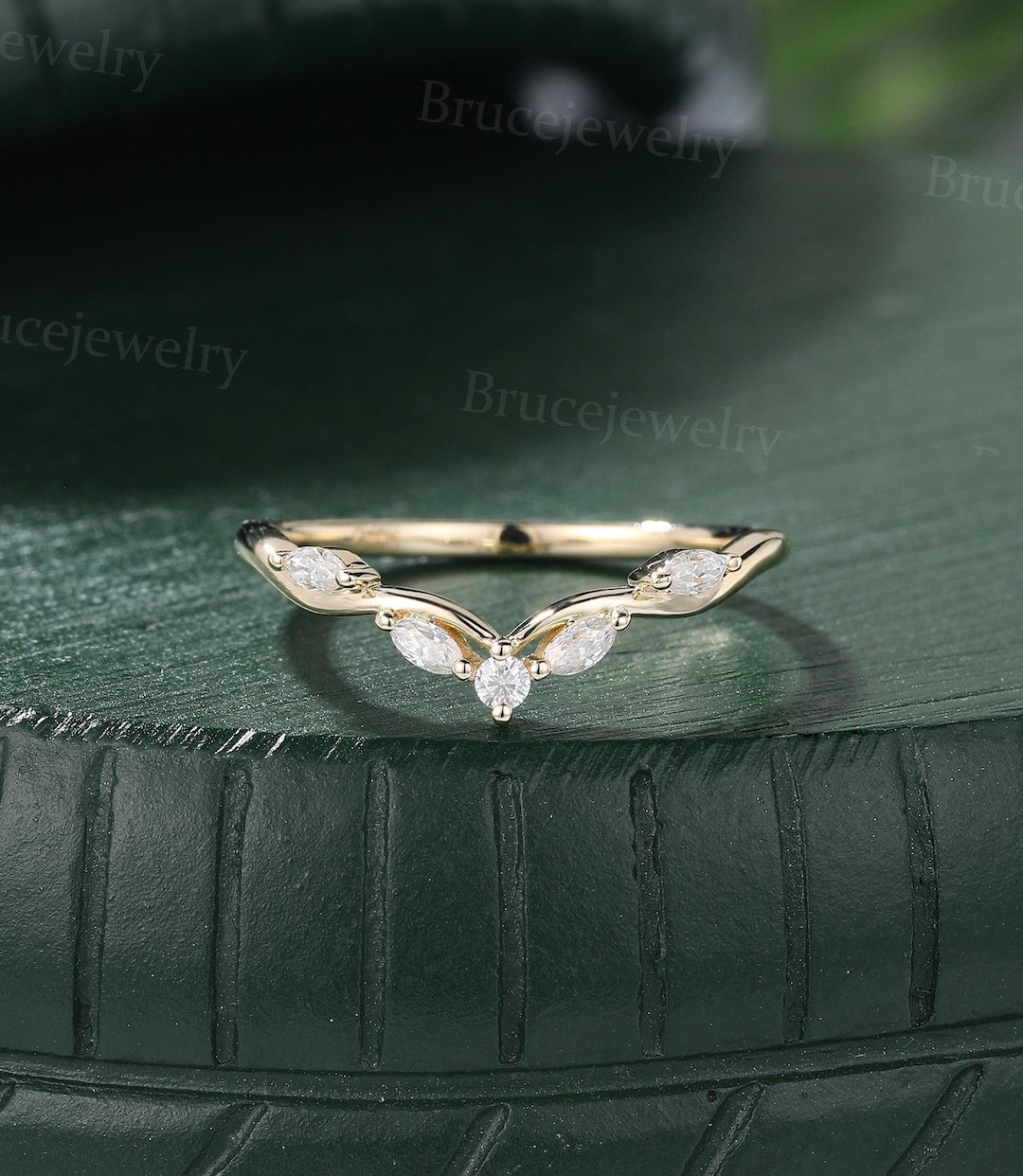 Marquise Cut Moissanite Wedding Band Vintage Yellow Gold Curved Wedding ...
