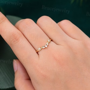 Unique moissanite curved wedding band Vintage yellow gold diamond wedding band Dainty women matching ring Stacking band Promise band image 5