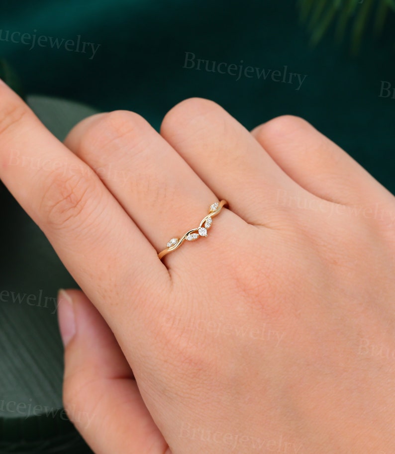 Unique moissanite curved wedding band Vintage yellow gold diamond wedding band Dainty women matching ring Stacking band Promise band image 5
