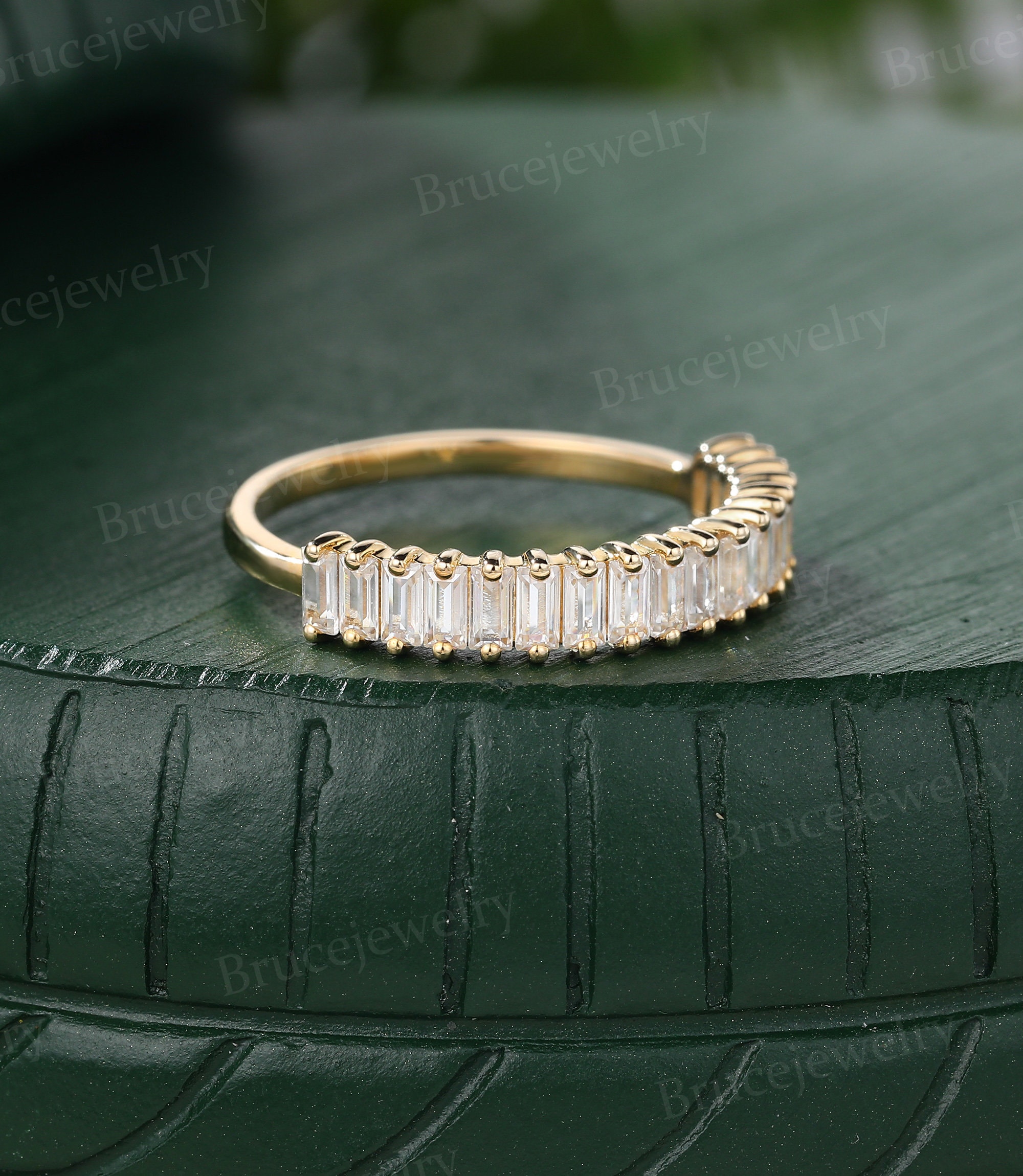 Baguette Cut Moissanite Wedding Band Vintage Yellow Gold Ring Half ...