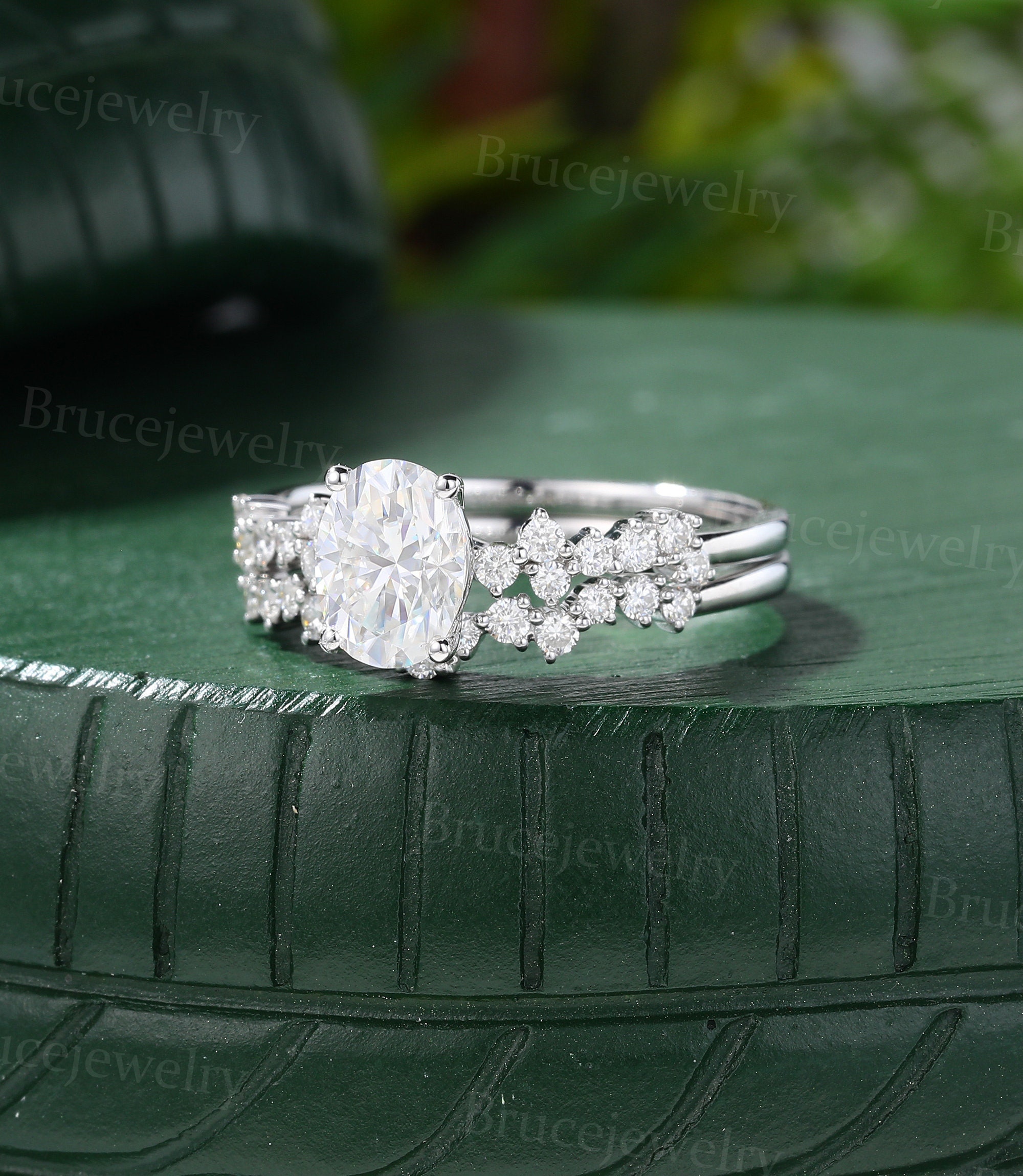 Oval Cut Moissanite Engagement Ring Set Vintage White Gold Bridal Ring ...