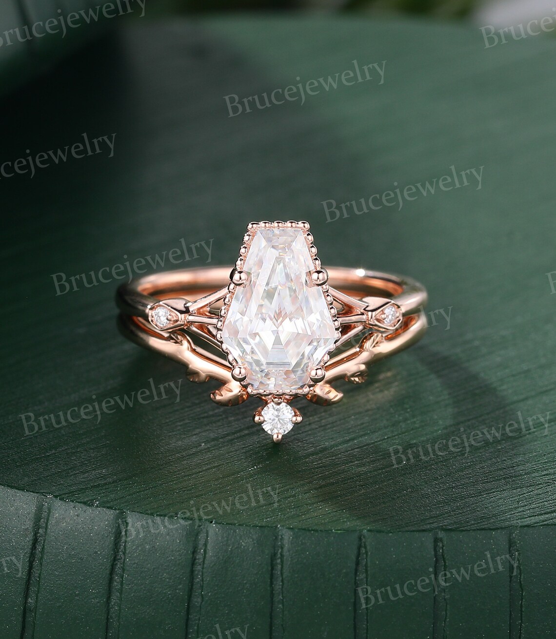 Coffin Shaped Moissanite Engagement Ring Set Vintage Rose Gold Coffin