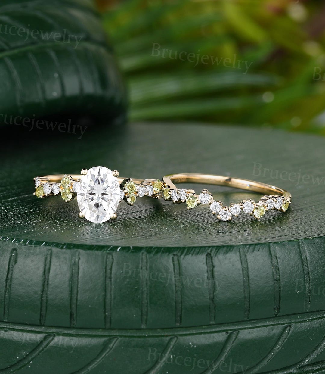 Oval Cut Moissanite Engagement Ring Set Vintage Yellow Gold Bridal Set ...