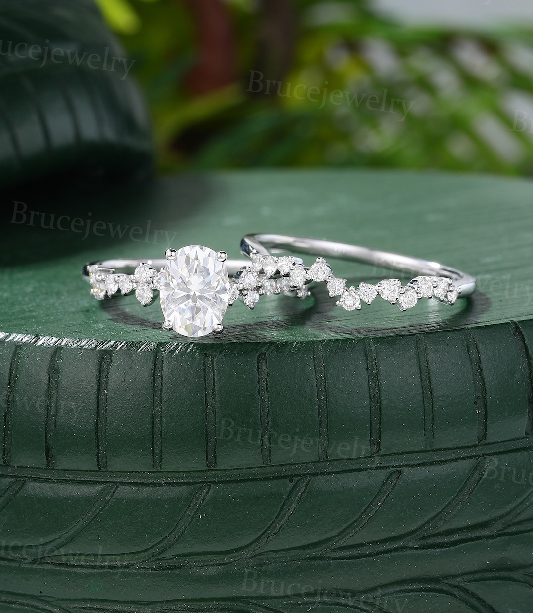 Oval Cut Moissanite Engagement Ring Set Vintage White Gold Bridal Ring ...