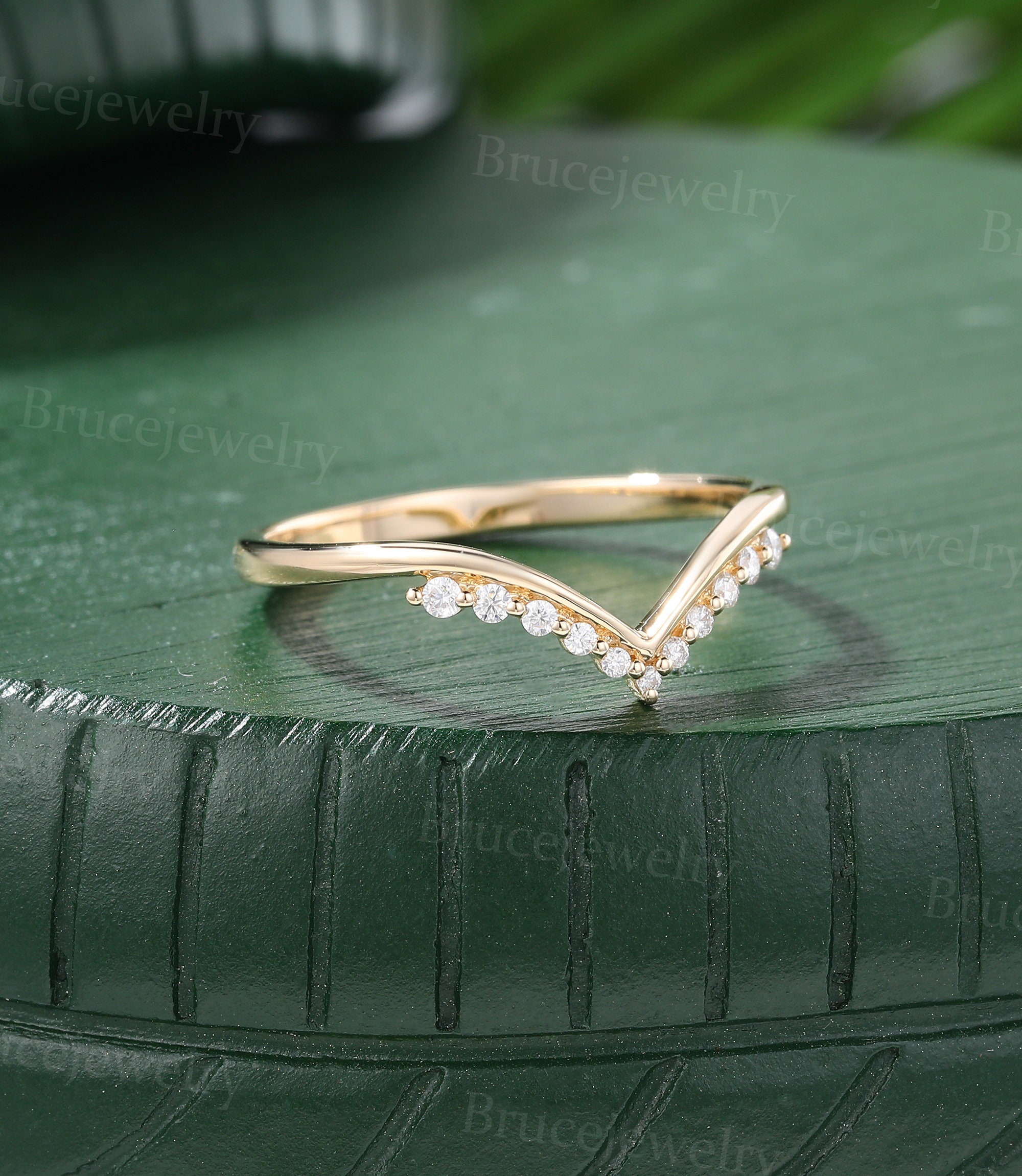 Unique Moissanite Curved Wedding Band Vintage Yellow Gold Diamond ...