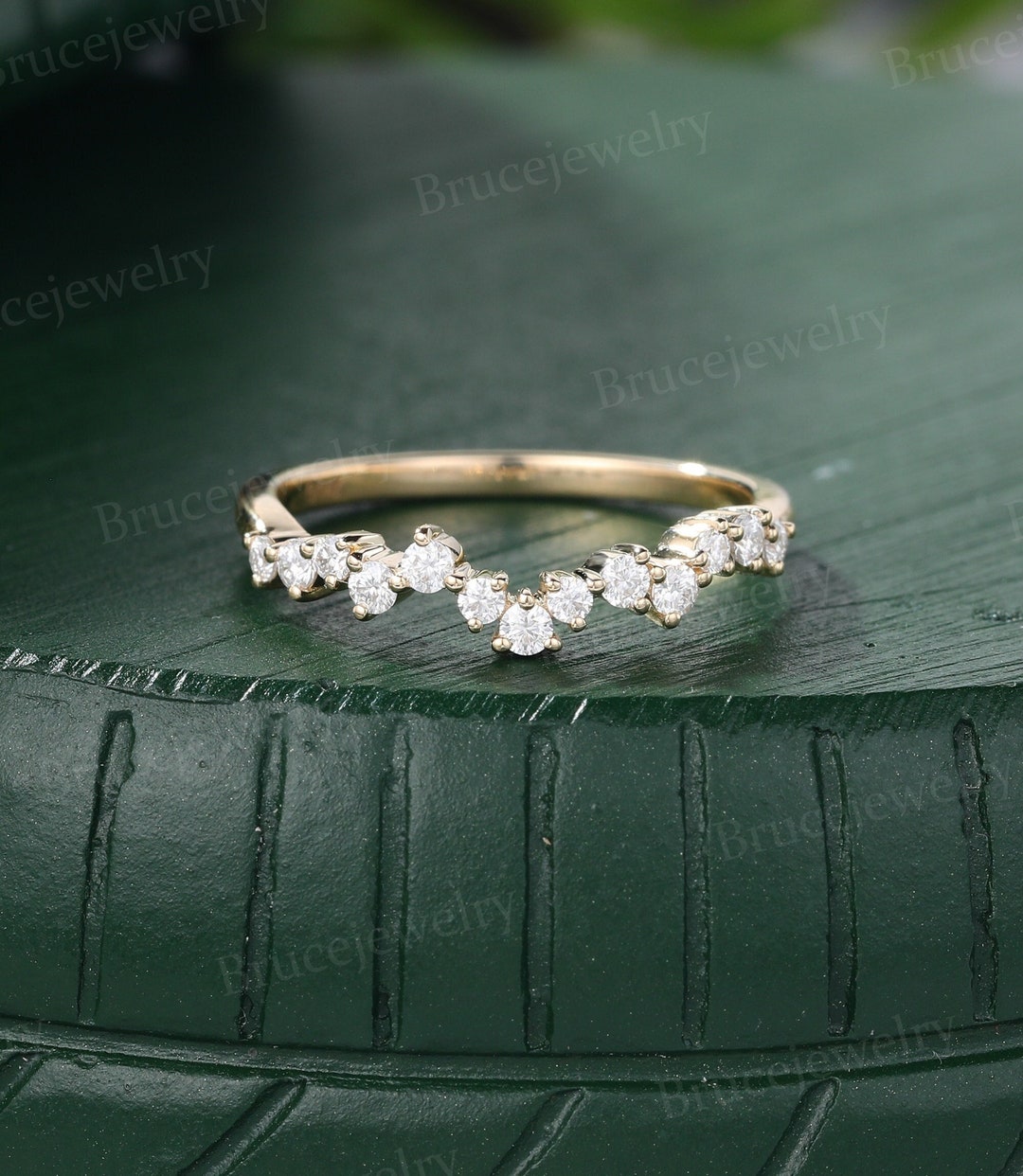 Moissanite Wedding Band Vintage Yellow Gold Curved Wedding Band Unique ...