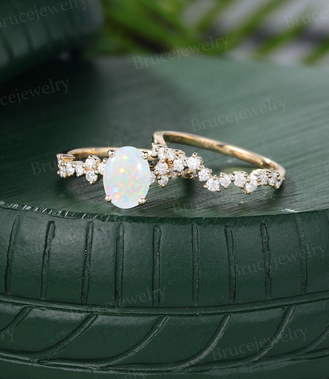Oval Cut Natural Opal Engagement Ring Set 14K Yellow Gold Moissanite ...