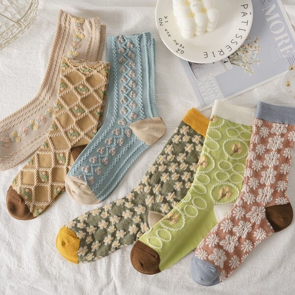 5 Pairs Women Vintage Flower Warm Socks