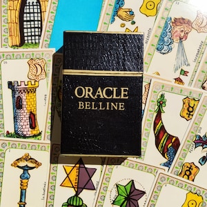 Oracle Belline ancien 1986 Grimaud – Jeu de cartomancie vintage – 53 cartes divinatoires astrologiques + livret – Rare en français