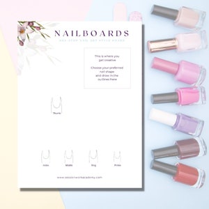 May include: A printable nail art style board with outlines of different nail shapes for thumb, index, middle, ring, and pinky fingers. The text "NAILBOARDS" is at the top of the page. The text "ONE-STOP NAIL ART STYLE BOARD" is below the title. The text "This is where you get creative" is in the middle of the page. The text "Choose your preferred nail shape and draw in the outlines here" is below the first text. The text "www.sessionworkacademy.com" is at the bottom of the page.