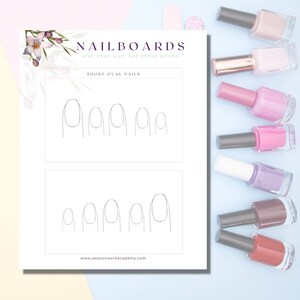 May include: A printable nail art style board with the title "Nailboards" and the text "One Stop Nail Art Style Board". The board features a section titled "Short Oval Nails" with two rows of five oval nail shapes.