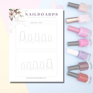 May include: A printable nail art style board with the text "Nailboards" and "One-Stop Nail Art Style Board". The board features two sections labeled "Square Nails" with outlines of different sized square-shaped nails.