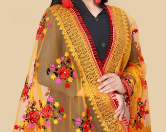 Embroidered Phulkari Dupatta: Mustard Net Party Wear with Mirror Work