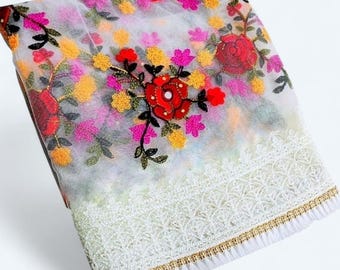 Embroidered Phulkari Net Dupatta: Handcrafted Mirror Work, Partywear