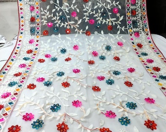 Embroidered Net Dupatta: Colorful Phulkari Design with Mirror Work