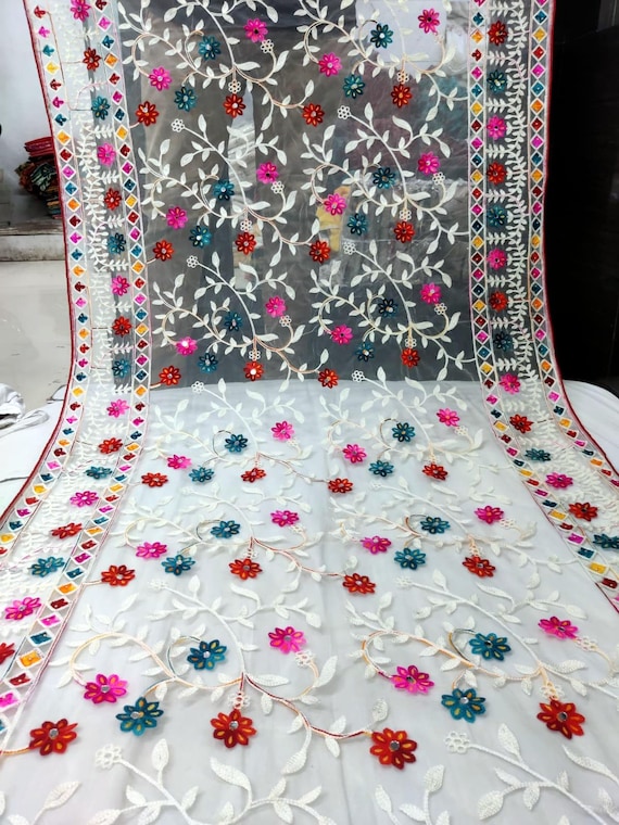 Embroidered Net Dupatta: Colorful Phulkari Design with Mirror Work