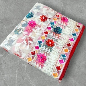 Embroidered Phulkari Net Dupatta: Handcrafted Mirror Work, Partywear