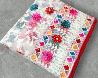 Embroidered Phulkari Net Dupatta: Handcrafted Mirror Work, Partywear