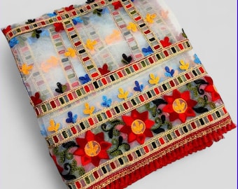 Embroidered Multicolor Net Dupatta: Handcrafted Mirror Work, Phulkari Design