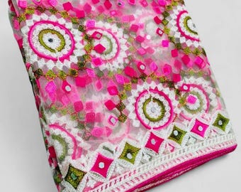 Pink Embroidered Net Dupatta: Handcrafted Mirror Work, Partywear
