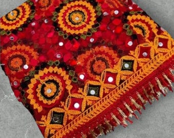 Red Embroidered Phulkari Dupatta: Handcrafted Mirror Work, Net Fabric