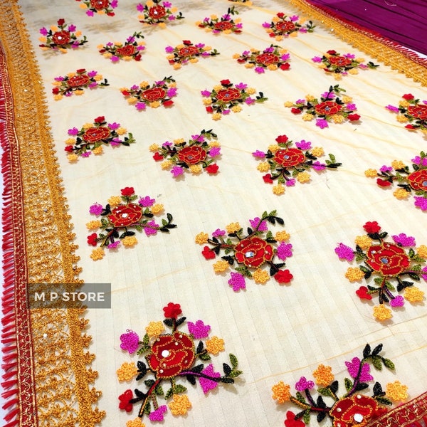 Vinita Women's Heavy Mustured Colour Net Partywear Dupatta Embroidered Fancy phulkari desinger Dupatta for women & girls
