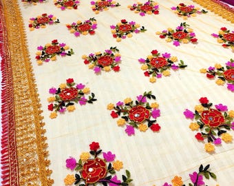 Mustard Embroidered Net Dupatta: Phulkari Design, Mirror Work