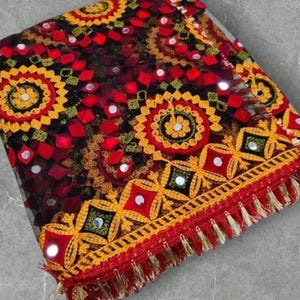 Embroidered Black Net Dupatta: Handcrafted Mirror Work, Phulkari Design