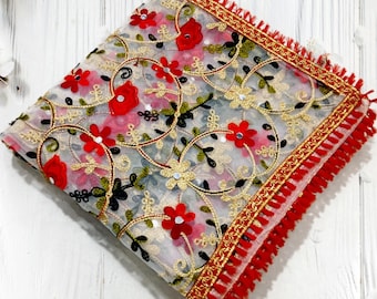 Embroidered Phulkari Dupatta: Red Net Scarf with Mirror Work