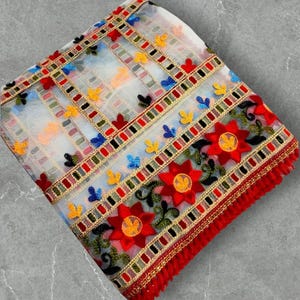 Embroidered Multicolor Net Dupatta: Handcrafted Mirror Work, Phulkari Design