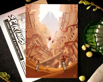 May include: An illustration of a city with tall buildings and red ribbons. The artwork is on a card with the text "SPIKING" and "COMIC ARTIST & ILLUSTRATOR". The color palette is warm, with shades of brown and orange.