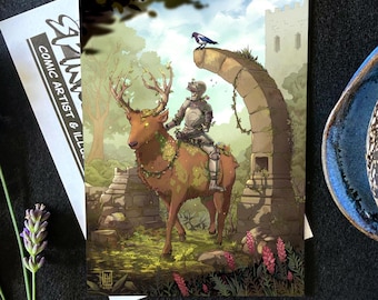 Lámina artística de caballero medieval con aires de fantasía gótica, regalo de estilo Dark Academia, tamaños A6, A4 y A3.