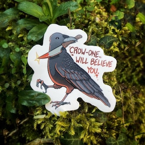 Può includere: Un adesivo raffigurante un corvo dei cartoni animati con un coltello nel becco. Il corvo è principalmente nero con dettagli arancioni, e il testo "CROW-ONE WILL BELIEVE YOU" è in rosso. L'adesivo ha un bordo bianco.