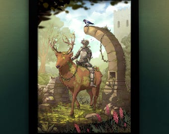 Lámina artística grande de caballero medieval con aires de fantasía gótica, regalo de estilo Dark Academia, tamaño A3.