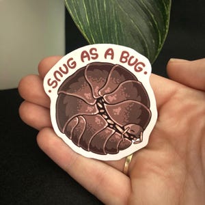May include: A sticker featuring a cartoon pill bug in shades of brown and tan, curled up in a ball. The sticker has the text ".SNUG AS A BUG." in a semi-circle around the top edge. The sticker is on a white background.