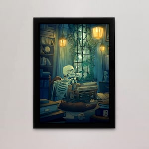 Pôster de esqueleto com estampa artística e atmosfera dark academia, arte de parede aconchegante para quarto, cartão postal gótico para presentear ela