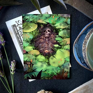 Art mural squelette effrayant pour chambre à coucher, carte postale impression d'art gothique nature étang avec ambiance académique sombre