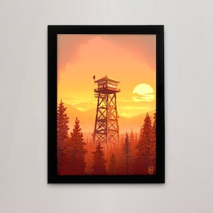 Poster impression d'art de belvédère de tour de feu avec des vibrations de la nature, art mural Firewatch pour chambre à coucher, cadeau carte postale de paysage forestier pour elle