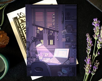 Lo fi Study Art Print for Dorm Decor, Purple Lofi Postcard with Nostalgia Vibes, Great College Gift and Home Decor