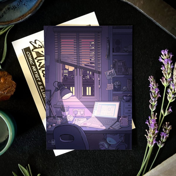 Lo fi Study Art Print for Dorm Decor, Purple Lofi Postcard with Nostalgia Vibes, Great College Gift and Home Decor