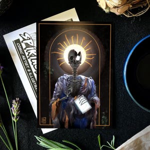 Pôster de esqueleto de santa padroeira com estampa artística e vibrações assustadoras, arte de parede surreal para quarto, cartão postal religioso gótico para presente para ela
