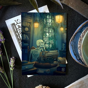 Pôster de esqueleto com estampa artística e atmosfera dark academia, arte de parede aconchegante para quarto, cartão postal gótico para presentear ela