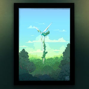 Solarpunk Wind Turbine Large Art Print with Eco Theme, Cottagecore Solarpunk Postcard, A3 Size