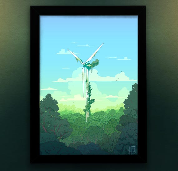 Solarpunk Wind Turbine Large Art Print With Eco Theme, Cottagecore