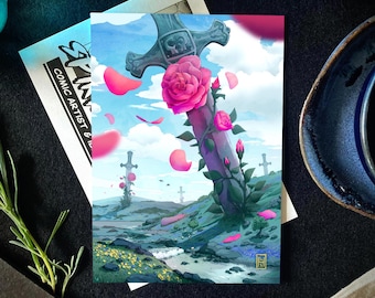 Lámina artística "Sword Rose" con paisaje inspirado en el anime Ghibli, ideal para estudiar. Disponible en tamaños A6, A4 y A3.
