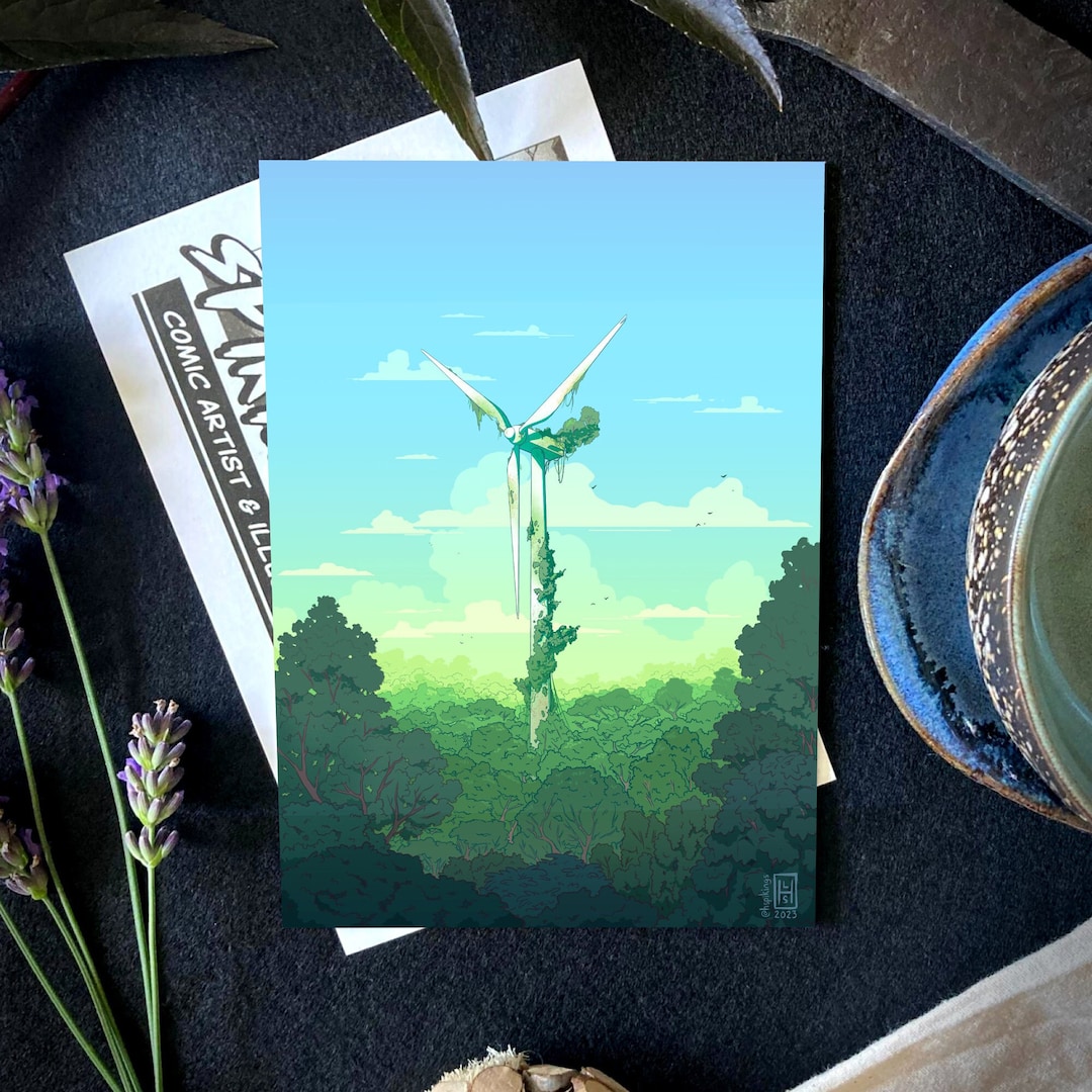 Solarpunk Wind Turbine Art Print With Eco Theme, A6 A4 and A3 Sizes - Etsy