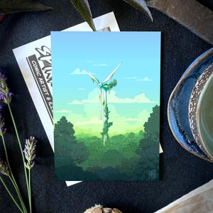 Solarpunk Art Print with Nature Vibes, Anime Wind Turbine Art Print for Study, Nature Solarpunk Postcard