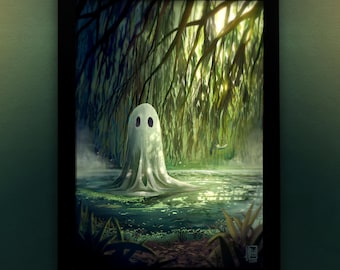 Lámina artística grande de estilo gótico con fantasma en un estanque solitario, con un ambiente tenebroso, regalo de estilo Dark Academia para ella, tamaño A3.