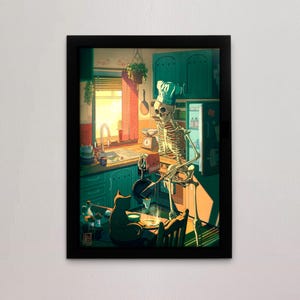 Póster con impresión artística de esqueleto de desayuno en la cocina con un ambiente acogedor, arte de pared de gato para el dormitorio, postal gótica lofi, regalo para ella