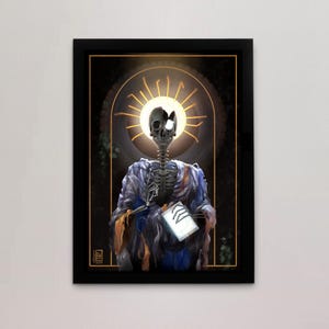 Pôster de esqueleto de santa padroeira com estampa artística e vibrações assustadoras, arte de parede surreal para quarto, cartão postal religioso gótico para presente para ela